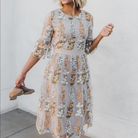 Dresses & Skirts - Full bloom embroidered dress in Champagne